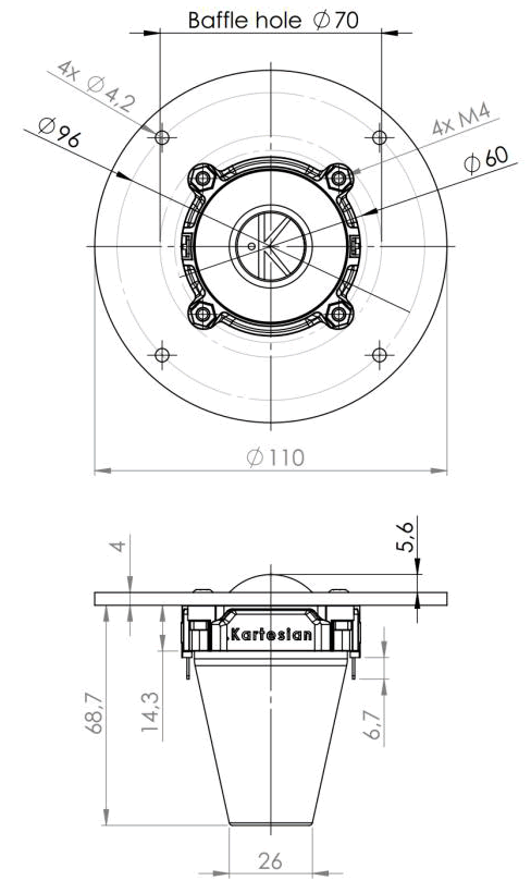 drawing & mounting du tweeter à dôme .Kartesian Tweeter à dôme Kartesian Twt30_vMS, 8 ohm, 110 mm
