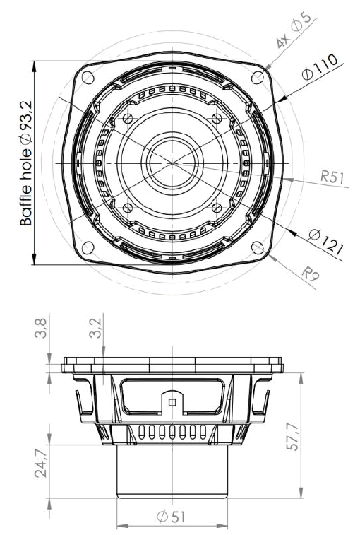 drawing & mounting du haut parleur à cône .Kartesian Haut-parleur Kartesian Wib100_vPA-S, 8 ohm, 4 pouce
