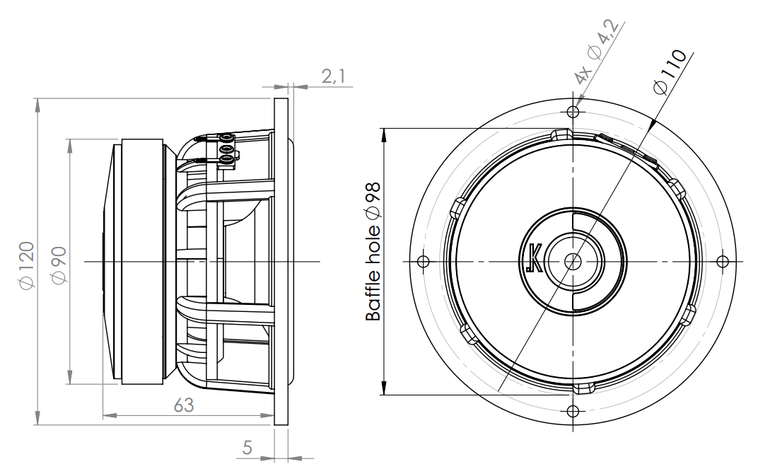 drawing & mounting du haut parleur à cône .Kartesian Haut-parleur Kartesian Wib120_vHE, 8 ohm, 120 mm
