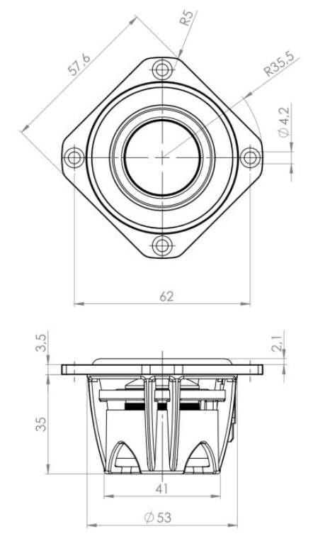 Image Drawing & Mounting haut parleur à cône .Kartesian Haut-parleur large-bande Kartesian Wib50_vHP, 8 ohm, 57.6 x 57.6 mm