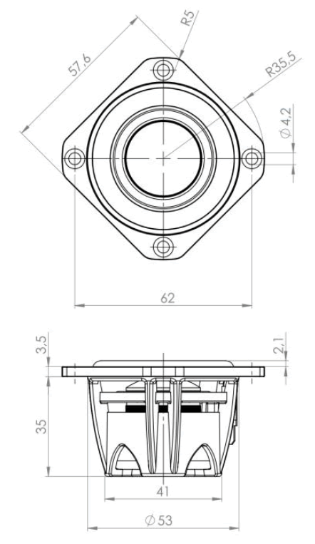 drawing & mounting du haut parleur à cône .Kartesian Haut-parleur large-bande Kartesian Wib50_vHP, 8 ohm, 57.6 x 57.6 mm