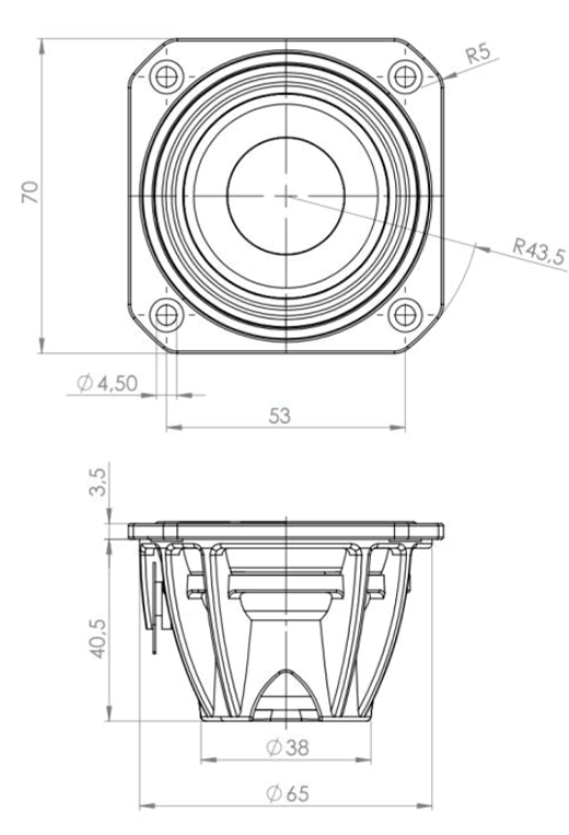 Image Drawing & Mounting haut parleur à cône .Kartesian Haut-parleur large-bande Kartesian Wib70_vPA, 8 ohm, 70 x 70 mm