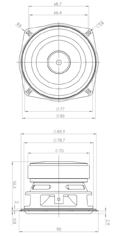 drawing & mounting du haut parleur à cône .Kartesian Haut-parleur large-bande Kartesian Wib90_vHP, 8 ohm, 3.5 pouce