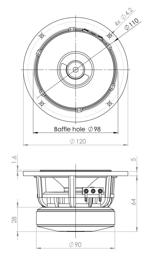 drawing & mounting du haut parleur à cône .Kartesian Haut-parleur Kartesian Wom120_vMS, 8 ohm, 120 mm