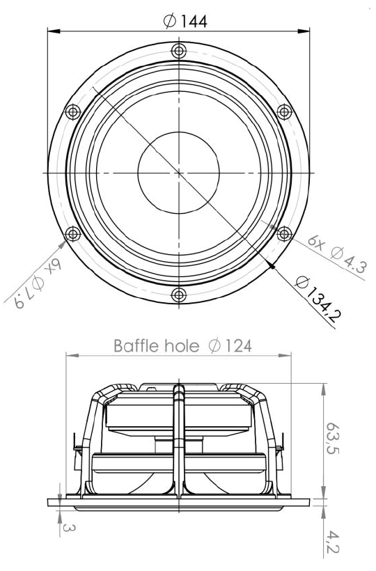 drawing & mounting du haut parleur à cône .Kartesian Haut-parleur Kartesian Wom145_vMS, 6 ohm, 144.5 mm
