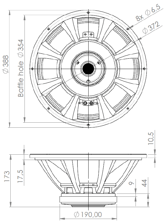 drawing & mounting du haut parleur à cône .Kartesian Haut-parleur Kartesian Wom380_vTLHP, 8 ohm, 15 pouce