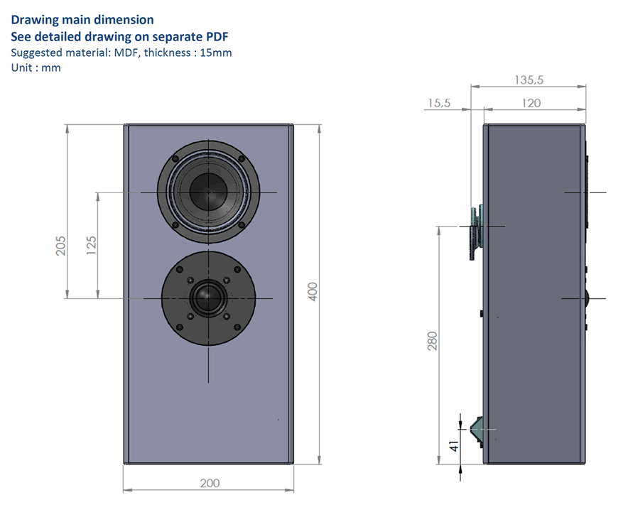 Image Drawing & Mounting (2/2) kit enceinte .Kartesian Kit enceinte plate Kartesian Kompacte_4, avec haut-parleurs et filtre passif, bornier, amortissement et vis (sans caisse)