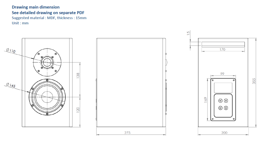 Image Drawing & Mounting (2/2) kit enceinte .Kartesian Kit enceinte bibliothèque Kartesian Korpus_5, avec haut-parleurs et filtre passif, bornier, amortissement et vis (sans caisse)