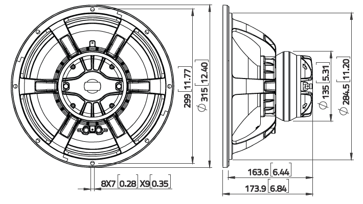 drawing & mounting du haut-parleur coaxial à deux entrées LaVoce Haut-parleur coaxial Lavoce CAN123.00T, 8+8 ohm, 12 pouce