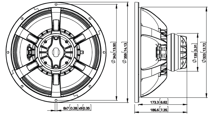 Image Drawing & Mounting haut-parleur coaxial à deux entrées LaVoce Haut-parleur coaxial Lavoce CAN143.00TH, 8+8 ohm, 13.5 pouce