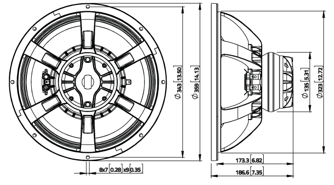 drawing & mounting du haut-parleur coaxial à deux entrées LaVoce Haut-parleur coaxial Lavoce CAN143.00TH, 8+8 ohm, 13.5 pouce