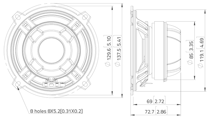 drawing & mounting du haut-parleur coaxial à une entrée LaVoce Haut-parleur coaxial Lavoce CSF051.21, 8 ohm, 5 pouce