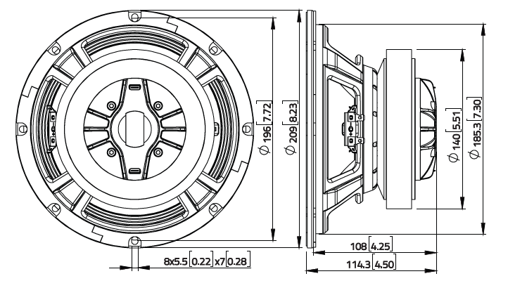 drawing & mounting du haut-parleur coaxial à deux entrées LaVoce Haut-parleur coaxial Lavoce CSF082.00K, 8+8 ohm, 8 pouce
