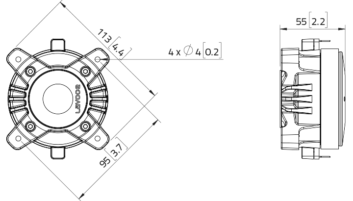 drawing & mounting du moteur de compression LaVoce Moteur d'aigu Lavoce DF10.10L, 8 ohm, 1.0 pouce