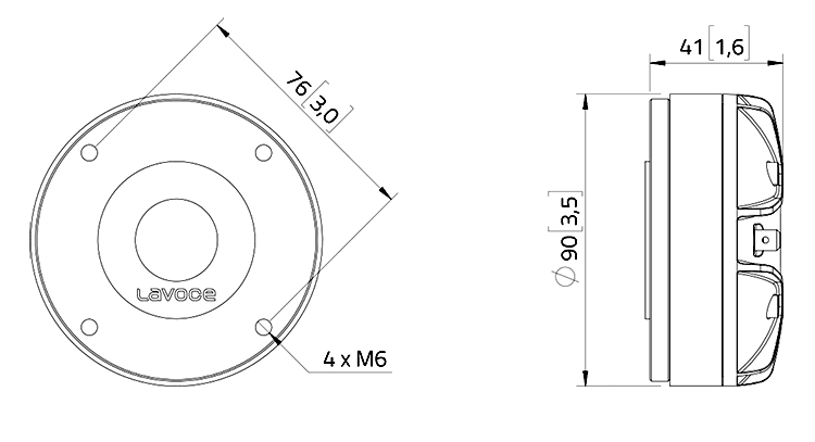Image Drawing & Mounting haut parleur à cône LaVoce Moteur d'aigu Lavoce DF10.142LM, 8 ohm, 1 pouce