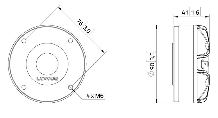 drawing & mounting du haut parleur à cône LaVoce Moteur d'aigu Lavoce DF10.142LM, 8 ohm, 1 pouce