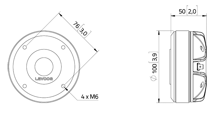 drawing & mounting du haut parleur à cône LaVoce Moteur d'aigu Lavoce DF10.171K, 8 ohm, 1 pouce