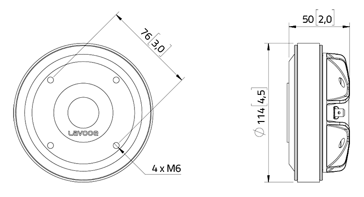 Image Drawing & Mounting haut parleur à cône LaVoce Moteur d'aigu Lavoce DF10.172K, 8 ohm, 1 pouce