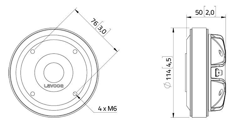 drawing & mounting du haut parleur à cône LaVoce Moteur d'aigu Lavoce DF10.172K, 8 ohm, 1 pouce