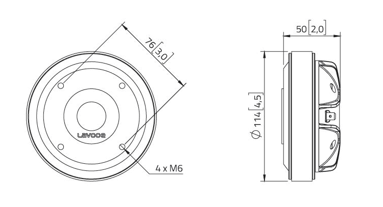 drawing & mounting du haut parleur à cône LaVoce Moteur d'aigu Lavoce DF10.172M, 8 ohm, 1 pouce