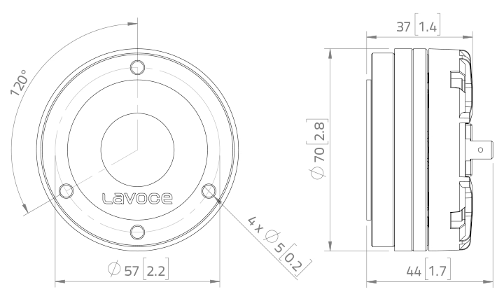 drawing & mounting du moteur de compression LaVoce Moteur d'aigu Lavoce DN10.14, 8 ohm, 1.0 pouce