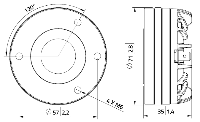 drawing & mounting du moteur de compression LaVoce Moteur d'aigu Lavoce DN10.143, 8 ohm, 1.0 pouce