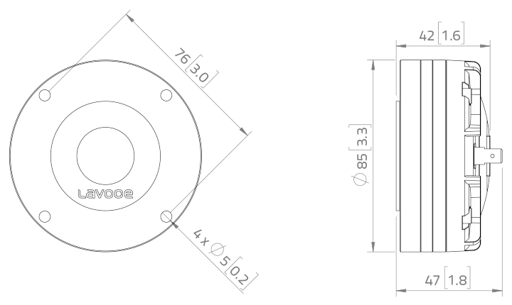 Image Drawing & Mounting moteur de compression LaVoce Moteur d'aigu Lavoce DN10.17T, 8 ohm, 1.0 pouce