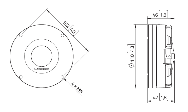 drawing & mounting du moteur de compression LaVoce Moteur d'aigu Lavoce DN14.25T, 8 ohm, 1.4 pouce