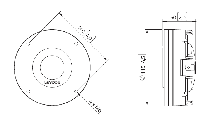 Image Drawing & Mounting moteur de compression LaVoce Moteur d'aigu Lavoce DN14.30T, 8 ohm, 1.4 pouce