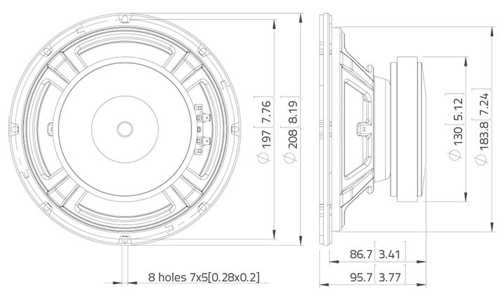 drawing & mounting du haut parleur à cône LaVoce Haut-parleur guitare basse Lavoce FBASS08-18-8, 8 ohm, 8 pouce