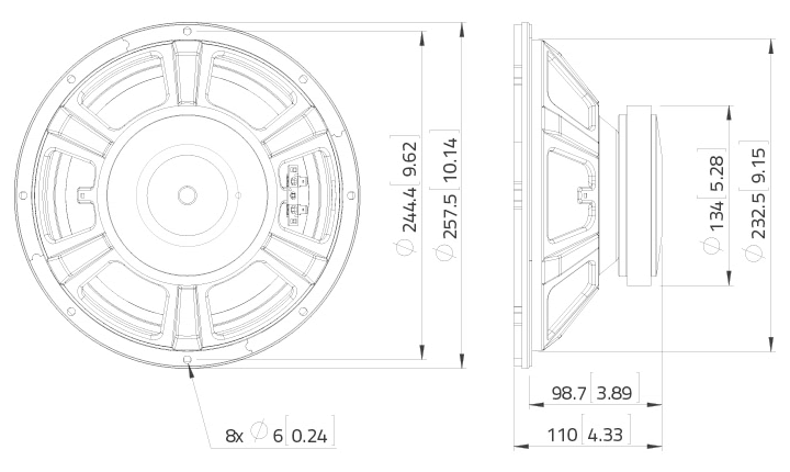Image Dimensions & Montage haut parleur à cône LaVoce Haut-parleur guitare basse Lavoce FBASS10-18-8, 8 ohm, 10 pouce