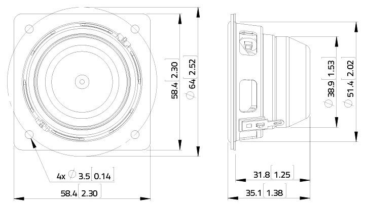drawing & mounting du haut parleur à cône LaVoce Haut-parleur large-bande Lavoce FSN020.71F, 8 ohm, 2 pouce