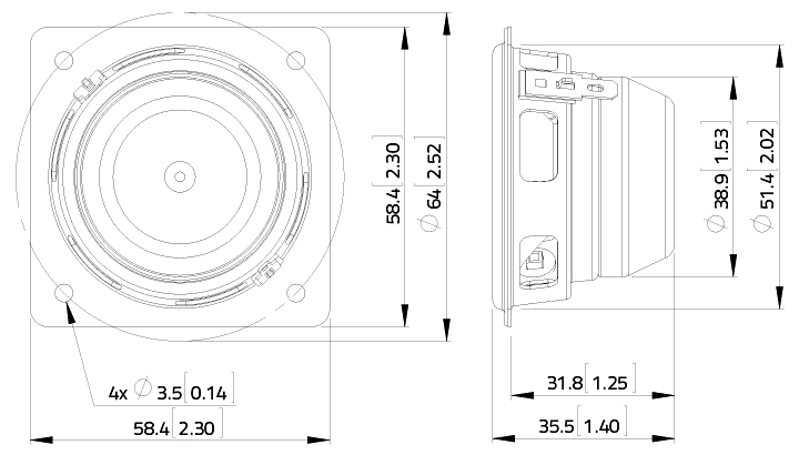 drawing & mounting du haut parleur à cône LaVoce Haut-parleur large-bande Lavoce FSN020.72, 8 ohm, 2 pouce