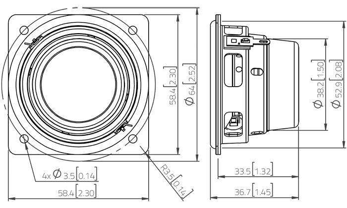 Image Drawing & Mounting haut parleur à cône LaVoce Haut-parleur large-bande Lavoce FSN021.02, 8 ohm, 2 pouce