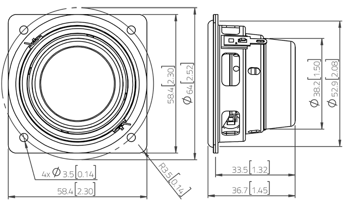 drawing & mounting du haut parleur à cône LaVoce Haut-parleur large-bande Lavoce FSN021.02, 8 ohm, 2 pouce