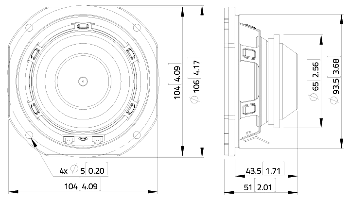 Image Drawing & Mounting haut parleur à cône LaVoce Haut-parleur large-bande Lavoce FSN041.00, 16 ohm, 4 pouce