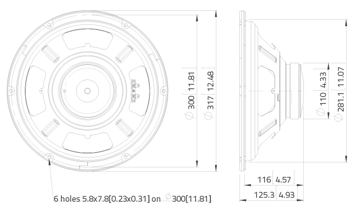 drawing & mounting du haut parleur à cône LaVoce Haut-parleur guitare basse Lavoce LBASS12-15-8, 8 ohm, 12 pouce