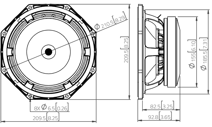 drawing & mounting du haut parleur à cône LaVoce Haut-parleur Lavoce MAF082.00, 8 ohm, 8 pouce