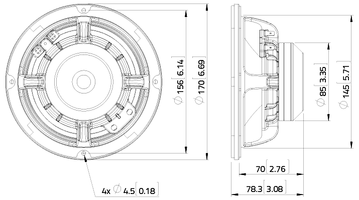drawing & mounting du haut parleur à cône LaVoce Haut-parleur Lavoce MAN061.80, 8 ohm, 6.5 pouce