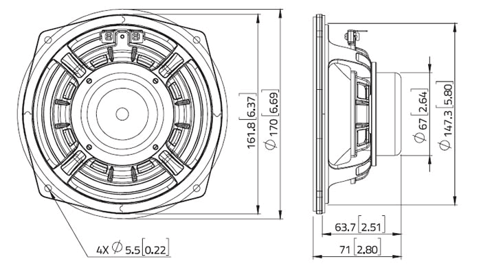 drawing & mounting du haut parleur à cône LaVoce Haut-parleur Lavoce MAN062.00, 8 ohm, 6.5 pouce