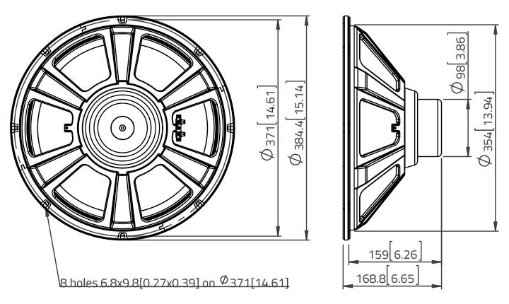 drawing & mounting du haut parleur à cône LaVoce Haut-parleur guitare basse Lavoce NBASS15-30-8, 8 ohm, 15 pouce