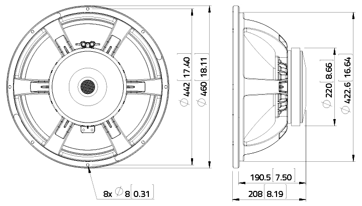 drawing & mounting du haut parleur à cône LaVoce Haut-parleur Lavoce SAF184.01, 8 ohm, 18 pouce