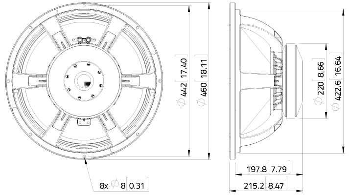 drawing & mounting du haut parleur à cône LaVoce Haut-parleur Lavoce SAF184.02, 8 ohm, 18 pouce