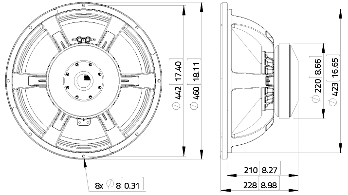 drawing & mounting du haut parleur à cône LaVoce Haut-parleur Lavoce SAF184.04, 8 ohm, 18 pouce