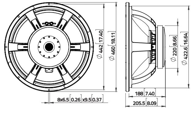 Image Drawing & Mounting haut parleur à cône LaVoce Haut-parleur Lavoce SAF184.05, 8 ohm, 18 pouce
