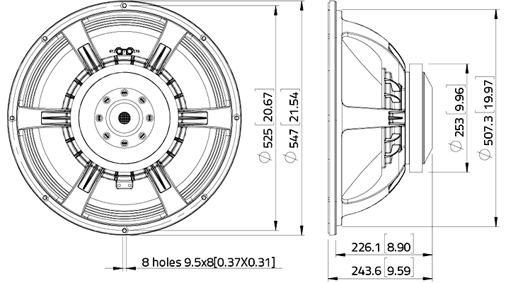 Image Drawing & Mounting haut parleur à cône LaVoce Haut-parleur Lavoce SAF214.50, 8 ohm, 21 pouce