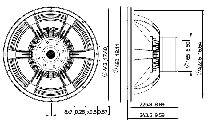 drawing & mounting du haut parleur à cône LaVoce Haut-parleur Lavoce SAN184.50iP, 2 ohm, 18 pouce