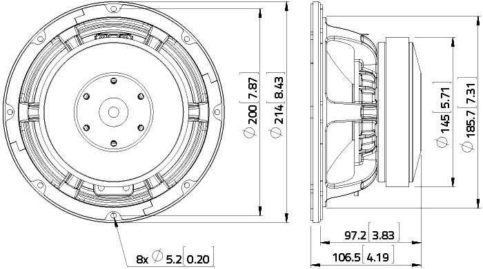 Image Drawing & Mounting haut parleur à cône LaVoce Haut-parleur Lavoce WAF082.00, 8 ohm, 8 pouce