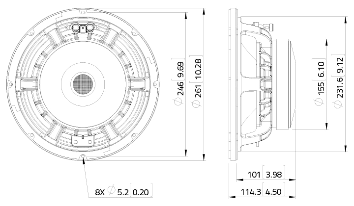 drawing & mounting du haut parleur à cône LaVoce Haut-parleur Lavoce WAF102.50A, 8 ohm, 10 pouce