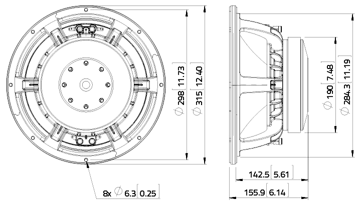 drawing & mounting du haut parleur à cône LaVoce Haut-parleur Lavoce WAF123.00, 8 ohm, 12 pouce